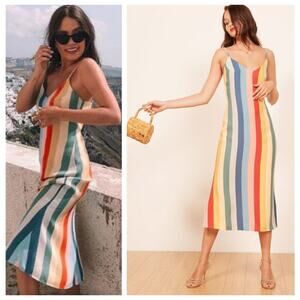 Reformation Rainbow Midi Dress 2 XS Striped V-neck spaghetti strap multicolor